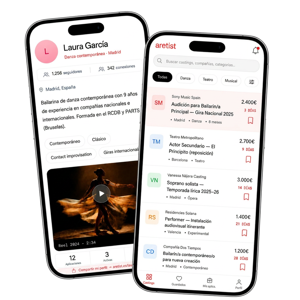 Mockup de la app Aretist con perfil de artista y feed de oportunidades