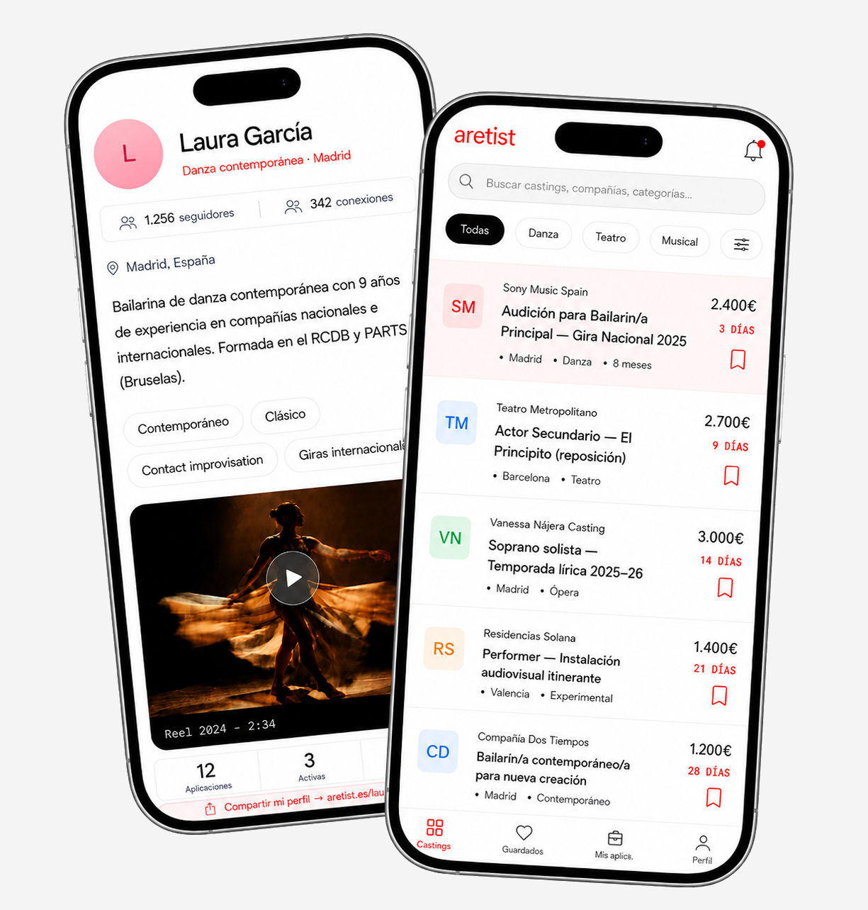 Mockup de la app Aretist con perfil de artista y feed de oportunidades